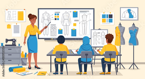 Fashion Design Class Teacher Instructing Students on Clothing Design.