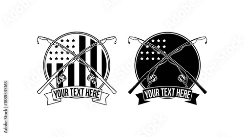 Three American flag designs with crossed rifles and fishing rods