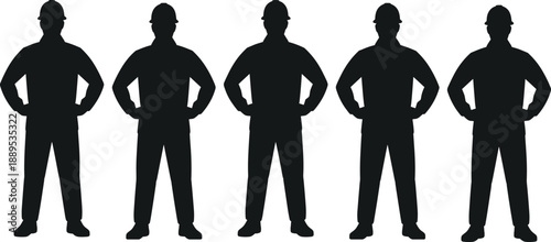 Construction worker silhouettes standing in straight line, safety helmet uniform concept, teamwork and industrial workforce strength, black vector illustration isolated on white background