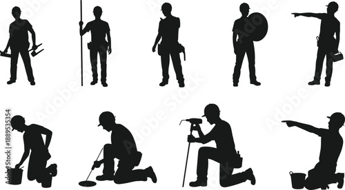 Construction worker silhouettes with tools, standing and kneeling actions, professional builders performing industrial tasks, safety equipment poses, black vector illustration isolated 