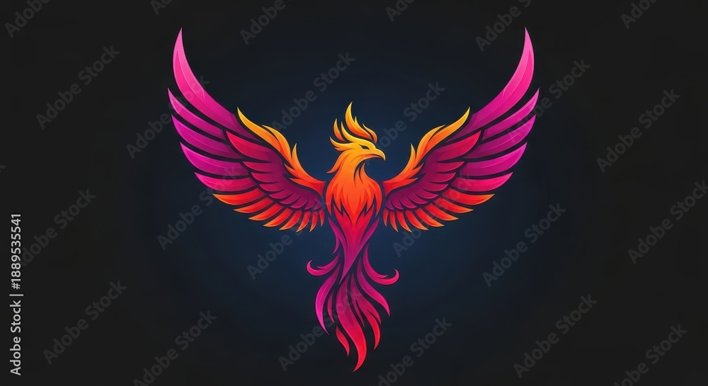 Obraz premium Mythical radiant bird spreads its vibrant wings against a dark background