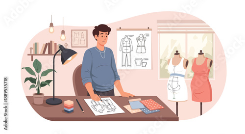Fashion Designer at Work Creating Sketches and Designs in Studio.