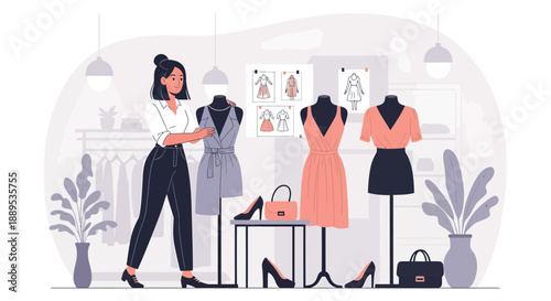 Fashion Designer at Work in Studio with Mannequins.