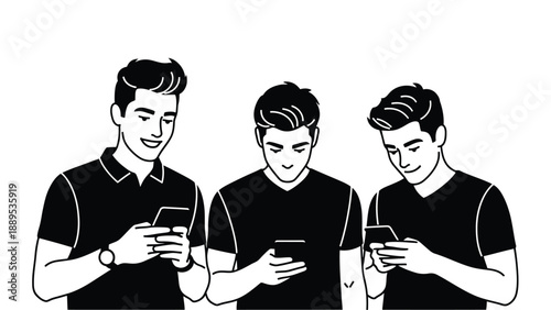 Three young men using smartphones in a black and white illustration