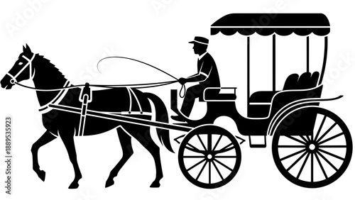 A black silhouette of a horse-drawn carriage on a white background