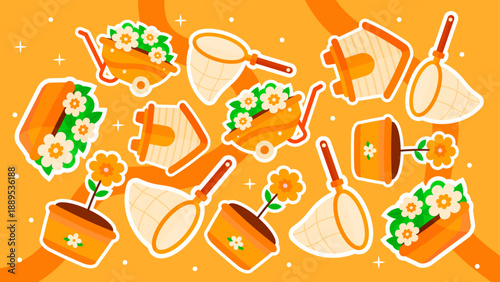 Vibrant orange gardening tools featuring wheelbarrows and butterfly nets