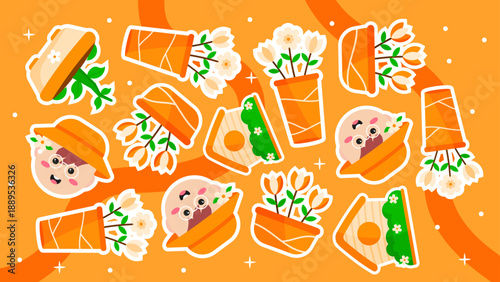 Cheerful gardener character with orange flower pots in a playful pattern