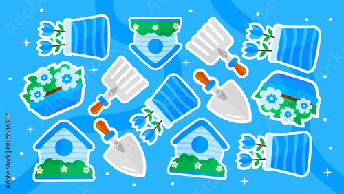 Flat design garden tools and blue flowers moving in a seamless loop