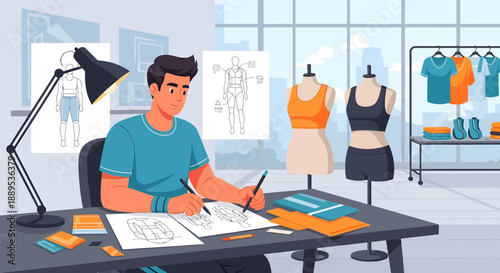 Fashion Designer Sketching Designs at Desk in Studio.