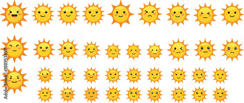 Large set of cute smiling sun cartoon icons in different sizes and expressions, cheerful summer weather vector collection