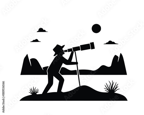 Silhouette of a man in a hat looking through a telescope at a landscape with mountains and clouds, representing exploration and discovery