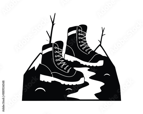 Sturdy hiking boots set against a dramatic mountain backdrop with a winding path, embodying the spirit of outdoor adventure, exploration, and the call of the wild for trekking enthusiasts