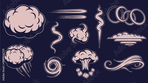 A collection of white cloud and wind icons on a dark blue background