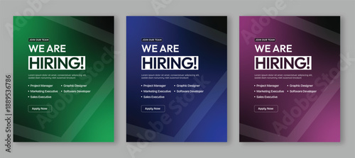 We are hiring modern corporate job poster, professional recruitment flyer for multiple positions, clean hiring advertisement template