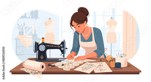 Focused Seamstress at Work with Sewing Machine and Patterns.