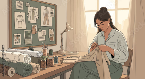 Focused Seamstress HandSewing Fabric in Brightly Lit Studio.