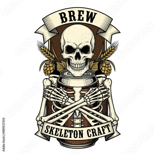 Skeleton Brewing Craft Beer Icon with Hops and Wheat
