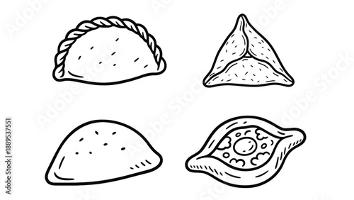 A set of traditional empanada illustrations in a simple line drawing style