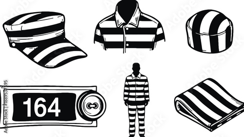 A collection of black and white striped prison uniforms and accessories