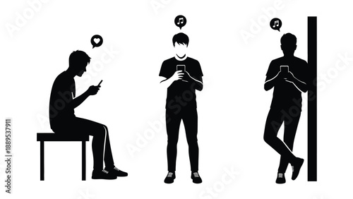 Three silhouetted men using smartphones in different poses and settings