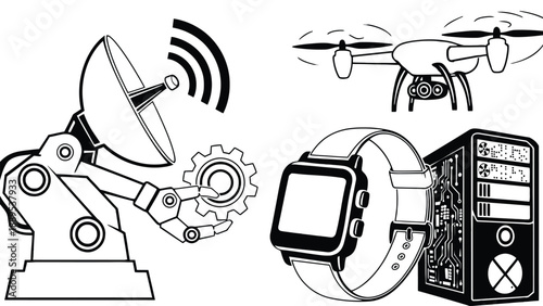 A collection of modern technology and robotics illustrations on a white background
