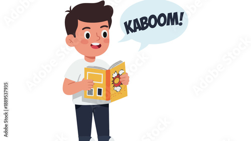 A cartoon boy reading a book with a surprised expression and a speech bubble saying Kaboom