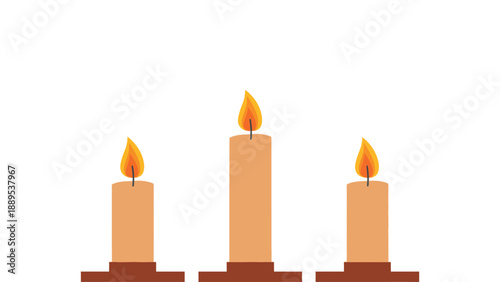 Three lit candles on brown holders against a white background
