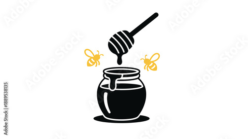 A black and white illustration of a honey jar with bees and a dipper