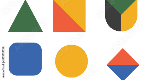 A colorful arrangement of geometric shapes on a white background