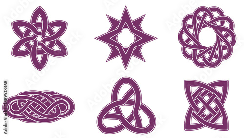 A collection of colorful Celtic knot designs on a white background