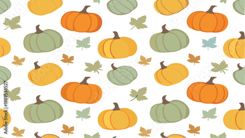 Seamless autumn pumpkin pattern with colorful squash and falling leaves, hand drawn flat vector illustration for fall designs