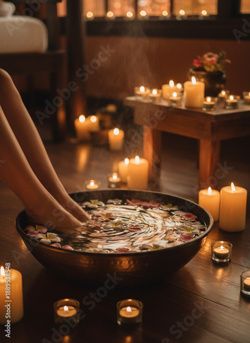 Womans Feet Soaking in Flower Petal Water Bowl Surrounded by Candles in Spa