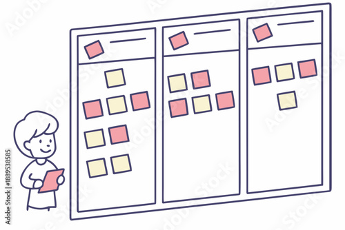 A cartoon illustration of a person organizing tasks on a Kanban board with sticky notes