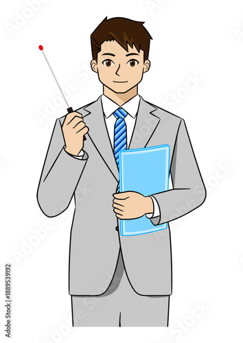 右手にポインターを持って説明するスーツ姿の若いビジネスマン（上半身）