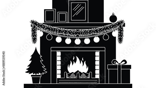 A festive holiday scene with a fireplace and Christmas decorations