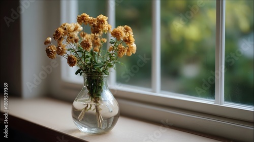 Dried flowers in a clear glass vase on a ill with a blurred green background