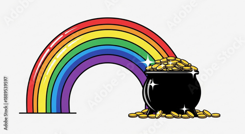 Colorful rainbow with pot of gold coins on white background symbolizing luck and wealth in a vibrant cartoonish illustration