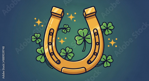 Golden horseshoe with four leaf clovers and sparkles on blue background for luck and good fortune concepts