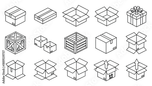 A collection of various cardboard boxes and crates in different states