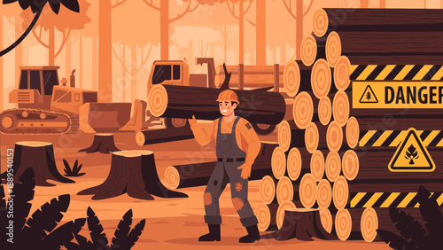 Lumberjack working in a dangerous logging site.