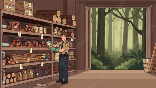 Park ranger organizing supplies in a storage room.