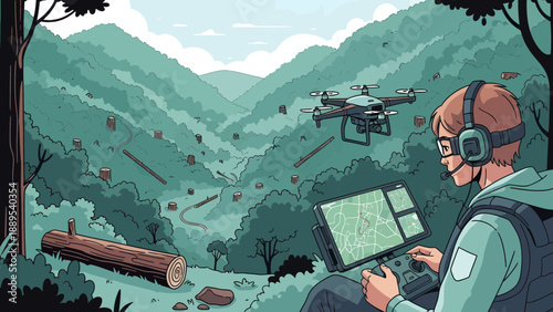 Person operating a drone with a laptop in a natural outdoor setting.