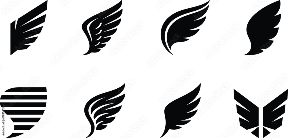 Obraz premium Black wing logo icon set with abstract flying feather symbols for branding identity design projects