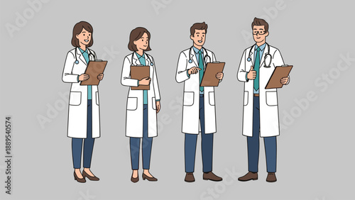 Diverse team of professional male and female doctors in lab coats with stethoscopes and clipboards. Healthcare, medicine, and medical staff concept