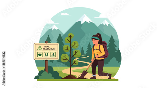 Woman planting tree in nature conservation area.