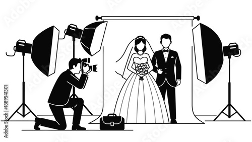 A wedding photographer taking a picture of a newlywed couple in a studio