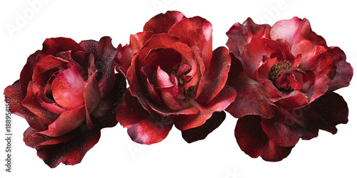 Three vibrant, elegant roses, blooming with rich, deep crimson, isolated against a solid black background