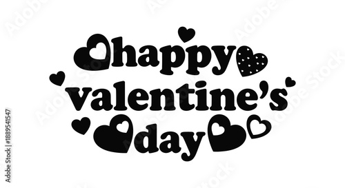 A whimsical black and white illustration displays the words chappy valentine s day adorned with multiple heart shapes
