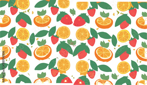 Seamless citrus and strawberry fruit pattern with leaves, colorful summer food background, playful flat vector illustration