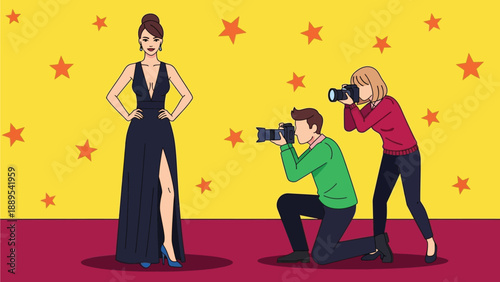A cartoon woman poses on a red carpet as photographers take her picture